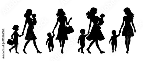 Smart working mother with her child silhouette black filled vector Illustration icon