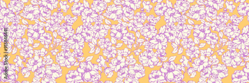 Artistic abstract seamless florals pattern on a yellow background. Colorful summer blooming meadow print. Vector hand drawing stylized peonies, rose. Ornament for designs, textile, fashion, fabric