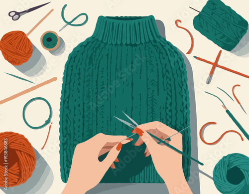 Knitting process, top view on hands holding needles