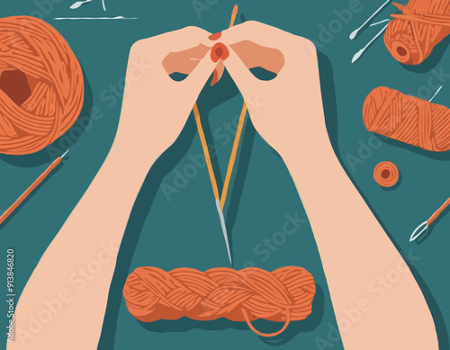 Knitting process, top view on hands holding needles