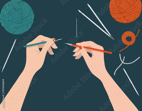 Knitting process, top view on hands holding needles