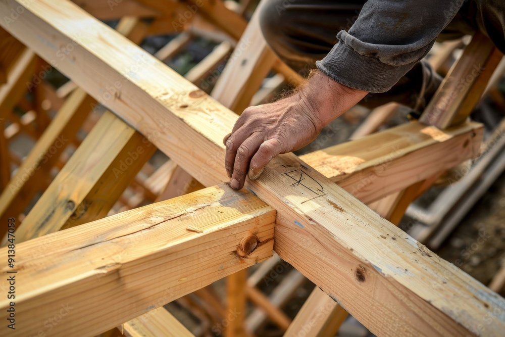 A carpenter's hand working on a wooden framework, showcasing the precision and skill of woodworking. A carpenter's hand working on a wooden framework, showcasing the precision and skill of woodworking.