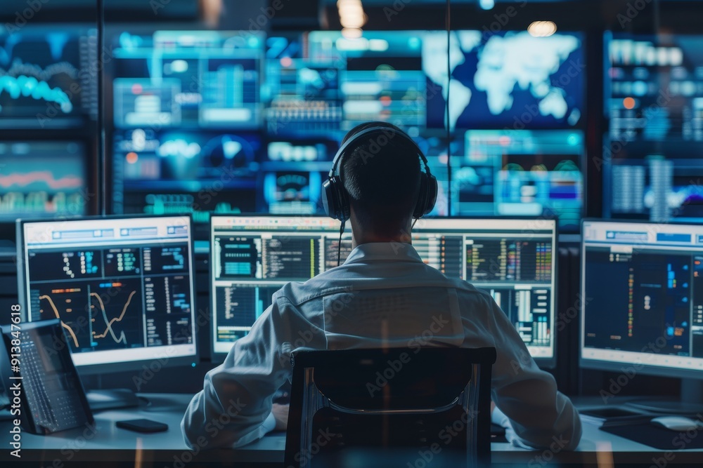 A focused professional monitors multiple screens in a high-tech control room, analyzing data and ensuring smooth operational functionality. A focused professional monitors multiple screens in a high-tech control room, analyzing data and ensuring smooth operational functionality.