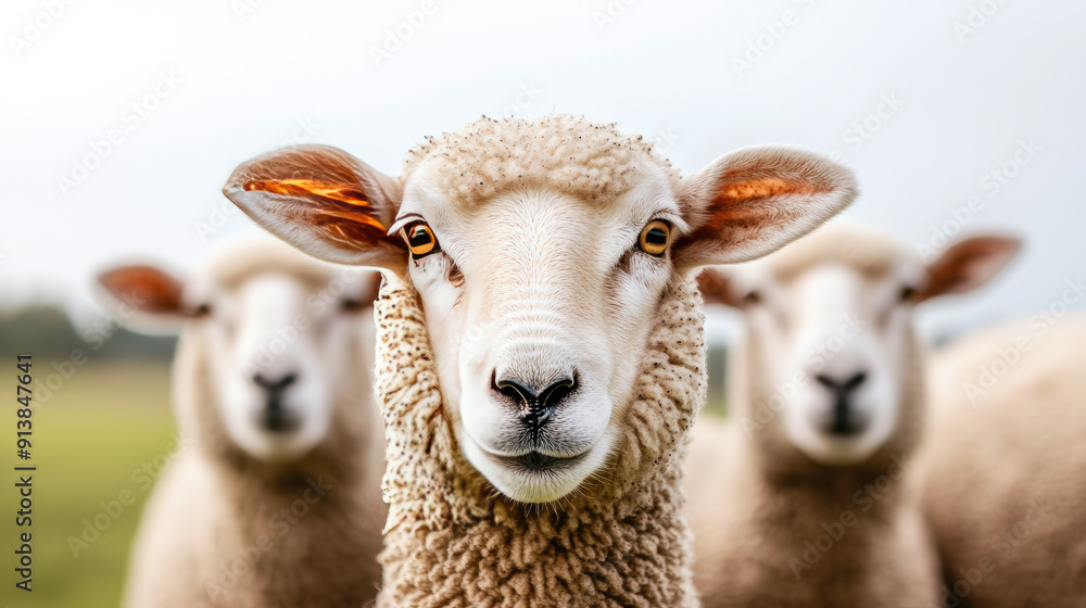 Obraz premium Curious sheep grazing in a tranquil field, showcasing their unique personalities and fluffy wool coats in a serene rural setting.