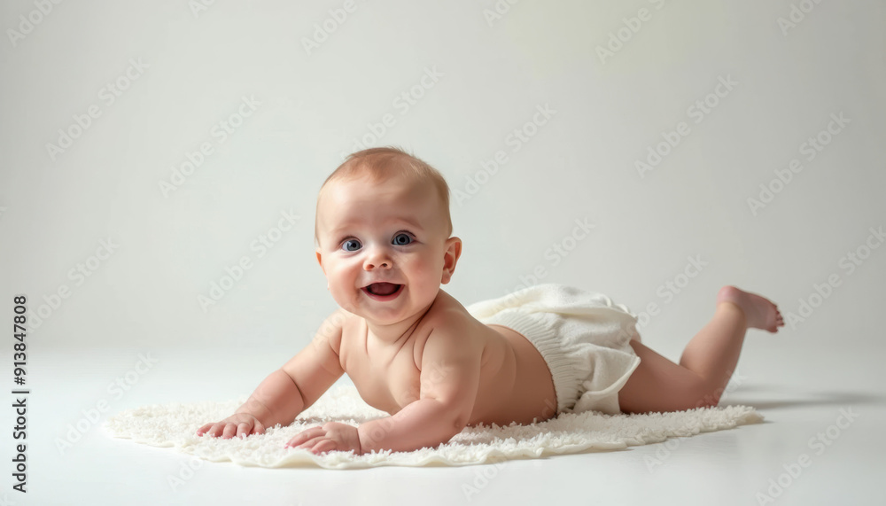 Cute Baby Boy Smiling, Infant, Newborn Photography, Baby Clothes, White Background, Happy Child,  Sweet Child, Softness, Carefree Baby