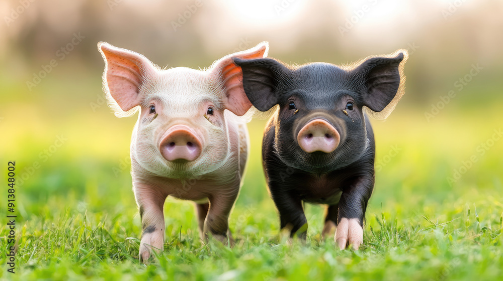 Fototapeta premium Two adorable piglets, one pink and one black, playfully exploring a lush green field under a warm sunlight.