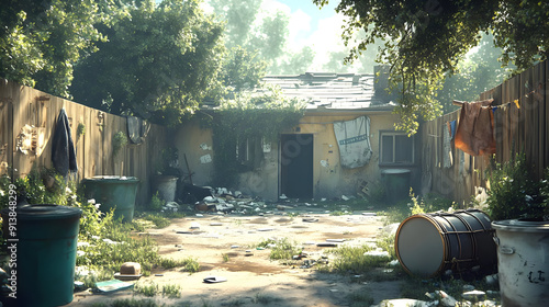 A rundown backyard with a dilapidated house.