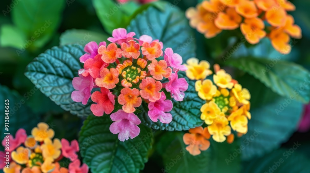 A tight shot of an arrangement of blooms, featuring green foliage above and below each flower in the lower portion A tight shot of an arrangement of blooms, featuring green foliage above and below each flower in the lower portion
