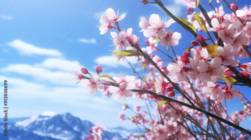 Spring banner, branches of blossoming cherry against background of blue sky. Neural network ai generated art Spring banner, branches of blossoming cherry against background of blue sky. Neural network ai generated art