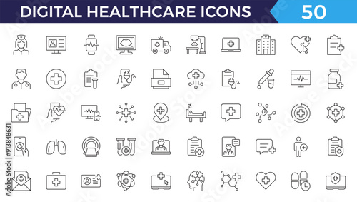 Digital healthcare and telemedicine web line icons. vector illustration