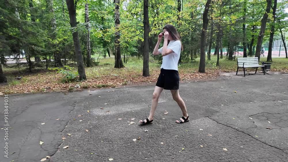 Woman walking in the city park on a sunny summer day with a tote bag Woman walking in the city park on a sunny summer day with a tote bag