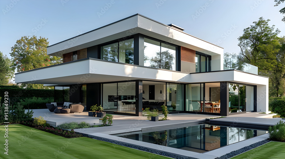 Modern White House with Swimming Pool and Patio - Photo Modern White House with Swimming Pool and Patio - Photo