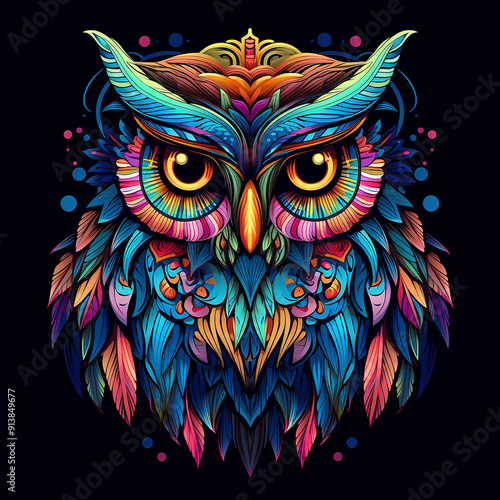 Colorful Owl with Mandala Patterns on Feathers