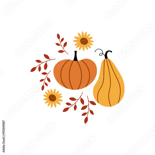 Autumn template card with pumpkins, fall leaves, sunflowers. Vector border background of autumn mood for banner, greeting card, polygraph, label, print, poster, logo. Hand drawn isolated illustration