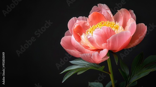 Wallpaper Mural  A pink flower with green leaves on its stem, centered against a black background Torontodigital.ca