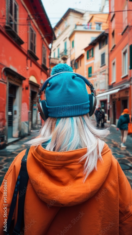 Young woman listening music walking in city wearing orange hoodie and blue beanie