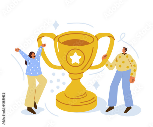 Characters celebrating victory near gold award winning cup. Trophies for winners. Championship and success concept. Vector illustration.