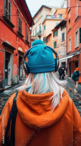 Obraz na płótnie Young woman listening music walking in city wearing orange hoodie and blue beanie w salonie