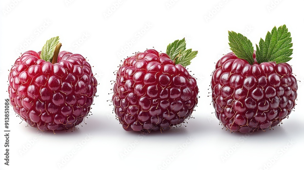 Three Ripe Black Raspberries With Green Leaves Three Ripe Black Raspberries With Green Leaves