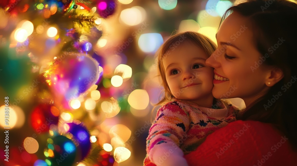 Joyful Mother and Child Decorating for Festive Holiday with Colorful Ornaments in Indoor Setting Joyful Mother and Child Decorating for Festive Holiday with Colorful Ornaments in Indoor Setting