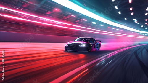High-Speed Race Car on Neon Light Track
