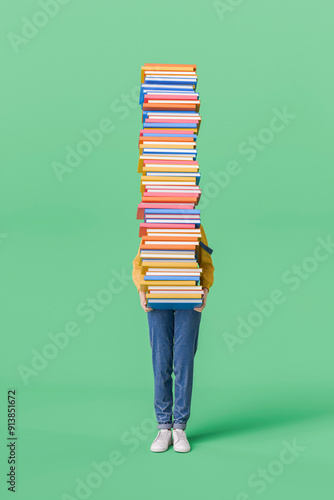 Woman Holding a Tall Stack of Books on Green Background