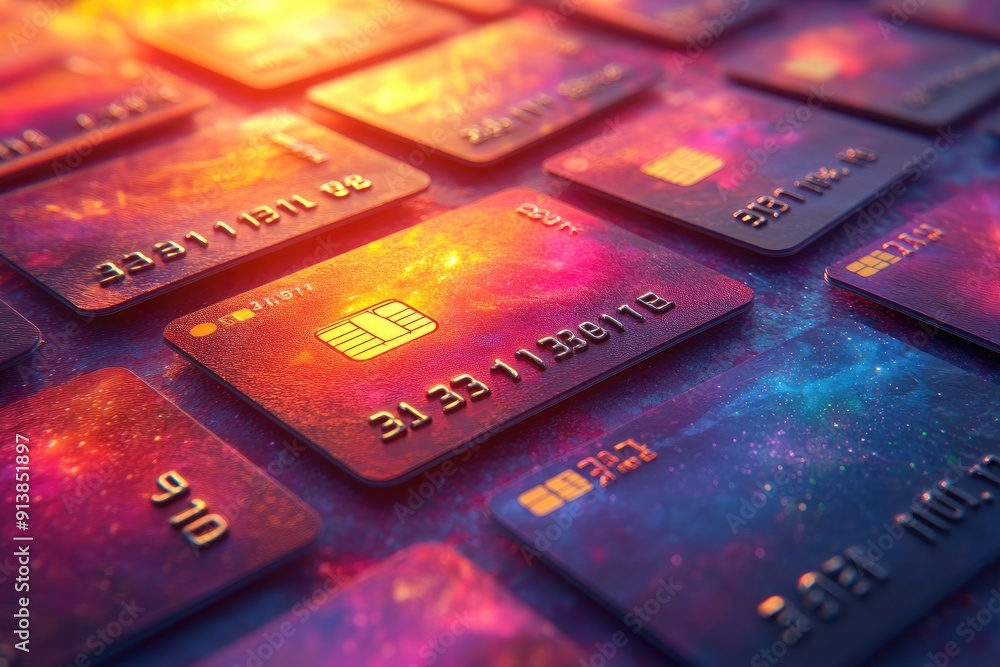 Many credit cards lying on dark surface are glowing in warm light Many credit cards lying on dark surface are glowing in warm light