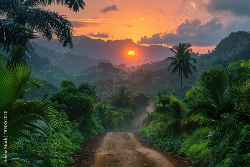 Guadeloupe jungle at sunset. Beautiful nature.