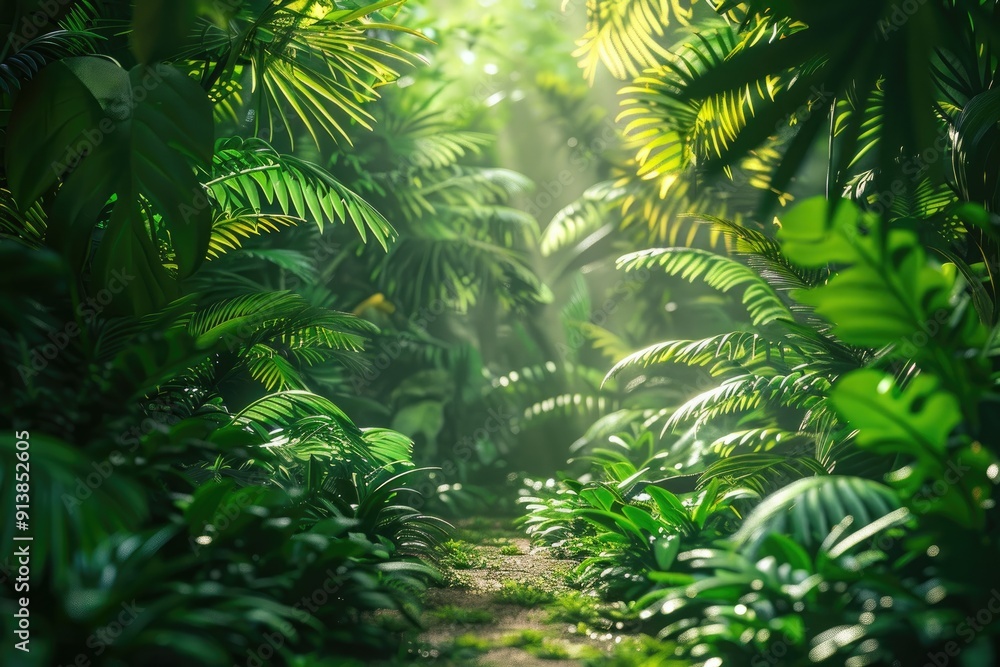 Sunlight shining through lush green tropical rainforest canopy Sunlight shining through lush green tropical rainforest canopy
