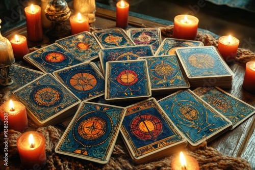 Fortune teller desk covered with esoteric tarot cards and lit candles photo