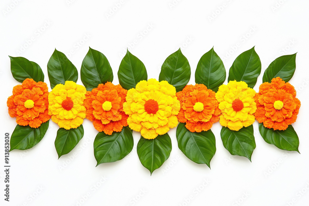 marigold flowers and mango leaves rangoli designs on white background marigold flowers and mango leaves rangoli designs on white background