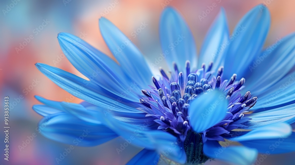 Fototapeta premium A blue flower with a blurred background of a building, the blue bloom taking center stage in the foreground