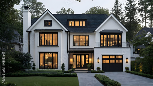 Modern White Brick House with Black Windows and Doors - Exterior Photo