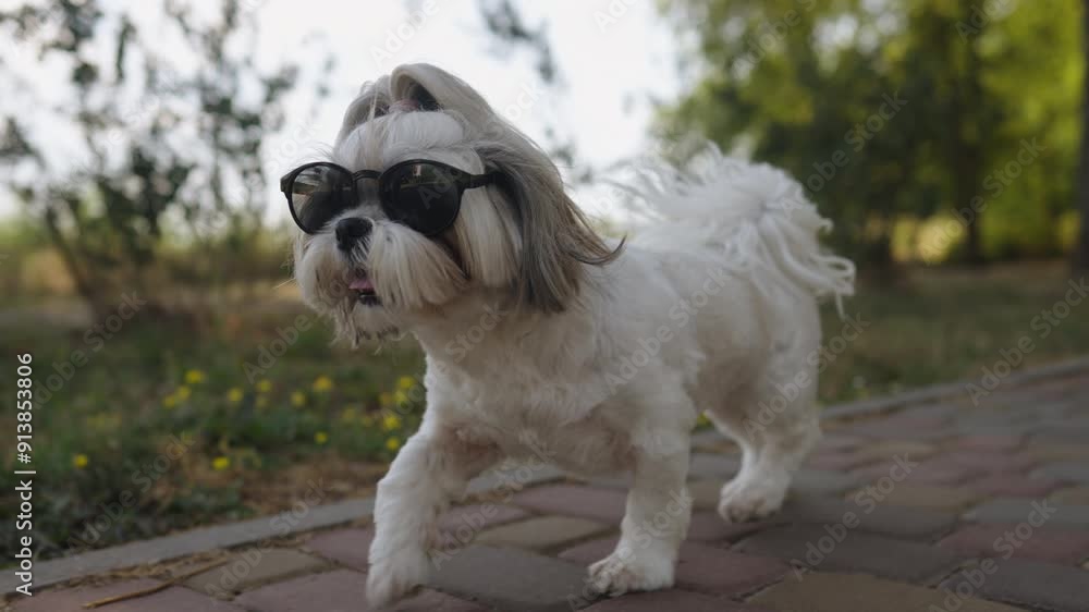 A small Shih Tzu dog is running on a cobblestone path on a sunny day, wearing black sunglasses. The dog looks happy and active, with its tongue sticking out