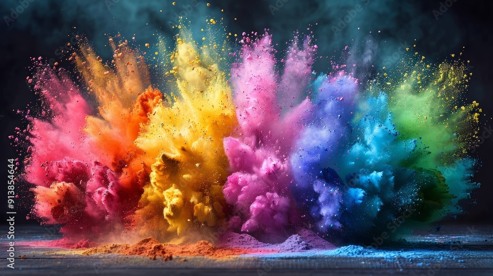 Vibrant Explosion of Colored Powder Filling the Air During a Celebration at Sunset Vibrant Explosion of Colored Powder Filling the Air During a Celebration at Sunset