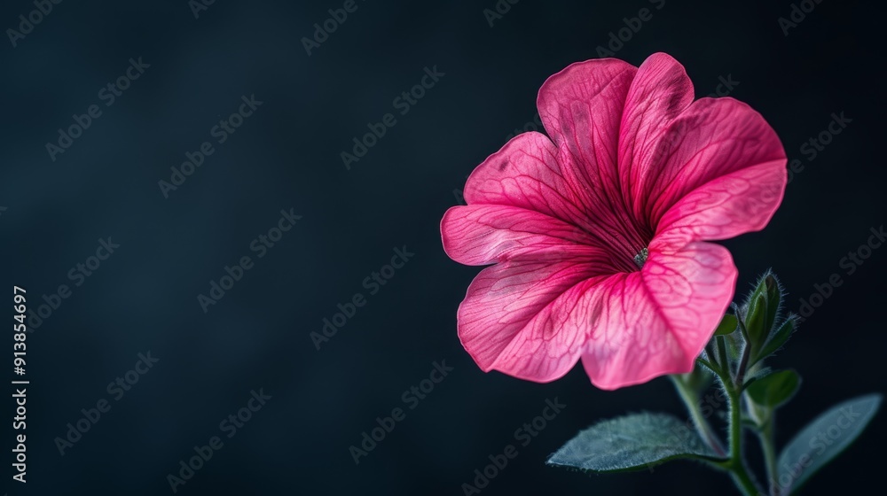 Close-up of a pink flower on stem with water droplets on petals and green leaves against black backdrop Close-up of a pink flower on stem with water droplets on petals and green leaves against black backdrop