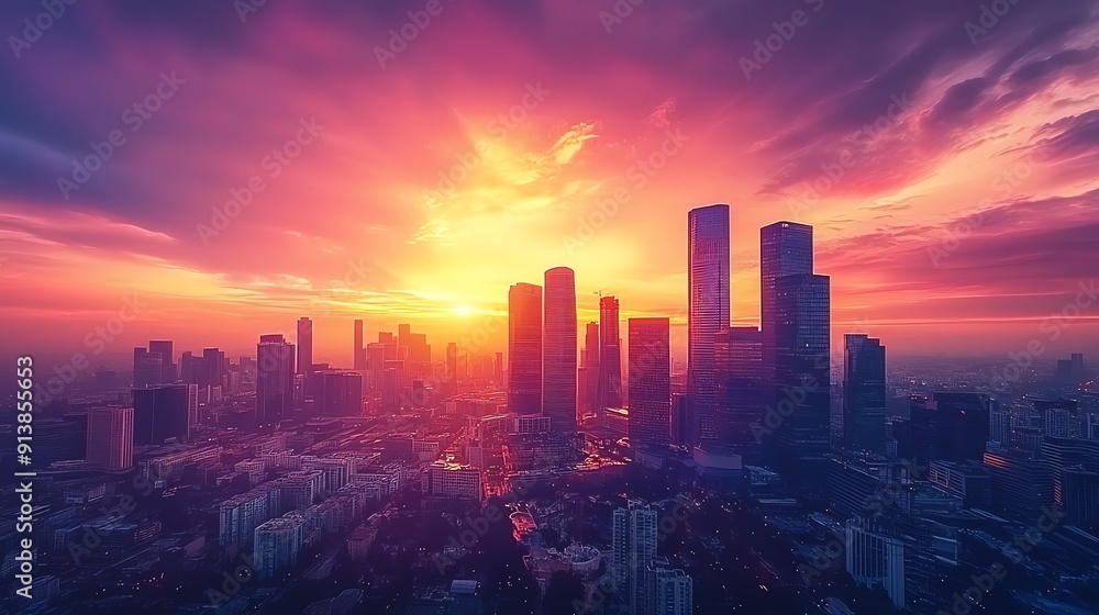 Cityscape at Sunset with Purple and Orange Sky Cityscape at Sunset with Purple and Orange Sky