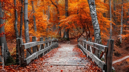  A wooden bridge traverses a forest floor strewn with orange-leafed trees' autumnal castoffs photo