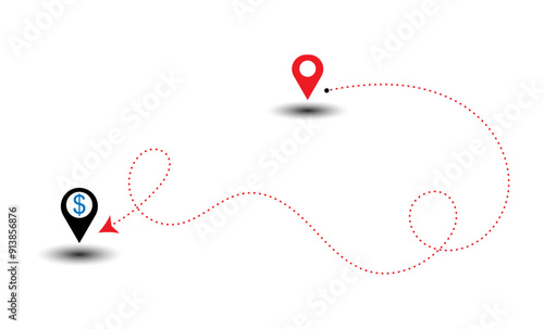 Geolocation with dollar currency symbols dashed line arrow route path location pin with winding vector.
