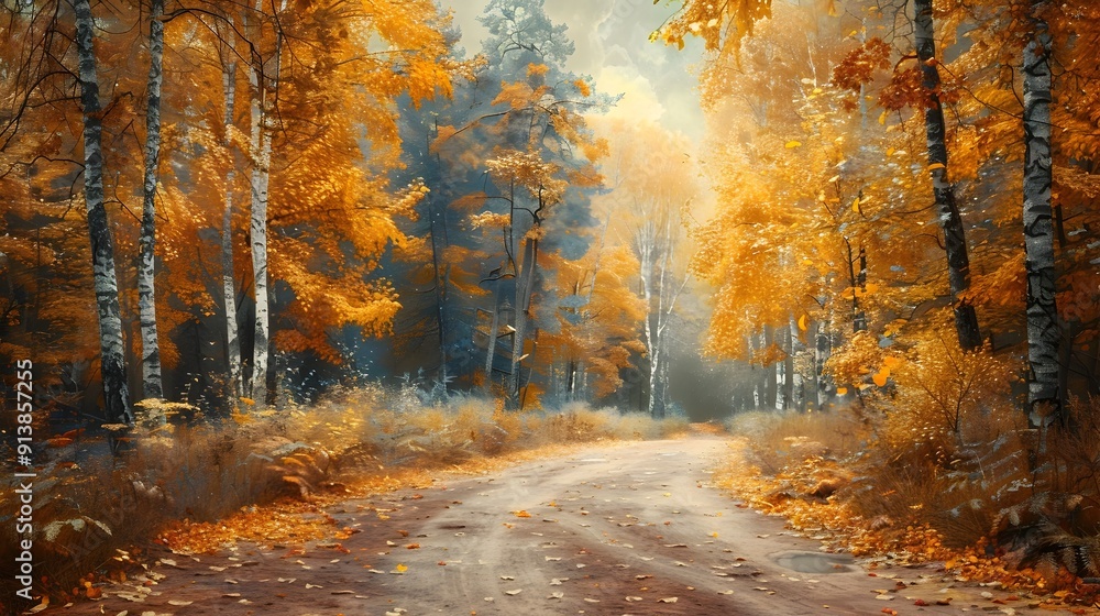 Obraz premium Serene Autumn Countryside Road with Golden Fall Foliage and Tranquil Atmosphere