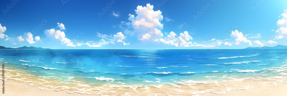 Fototapeta premium Summer Beach Japanese Anime Style Fish Eye Effect Poster Wallpaper
