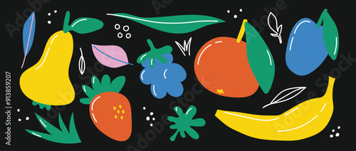 Strawberry, pear, banana, grapefruit, blackberry, plum and leaves on a black background. Collection of cartoon fruits. Cute hippie design for kids. Naive sticker pack. Contemporary primitive vector