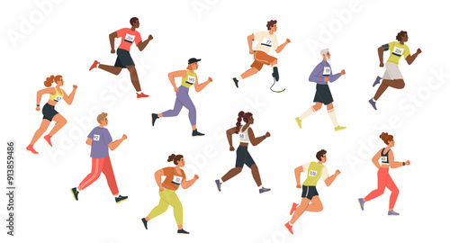 People runners cartoon characters set isolated on white