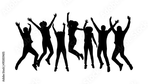 silhouette of a group of people jumping, isolated background