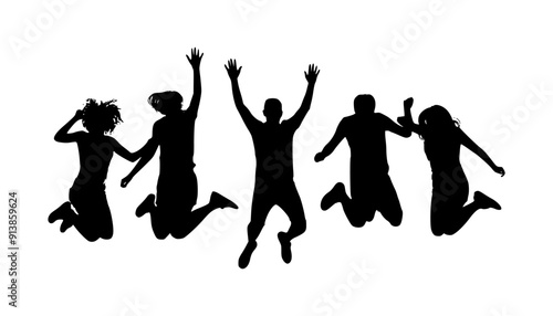 silhouette of a group of people jumping, isolated background