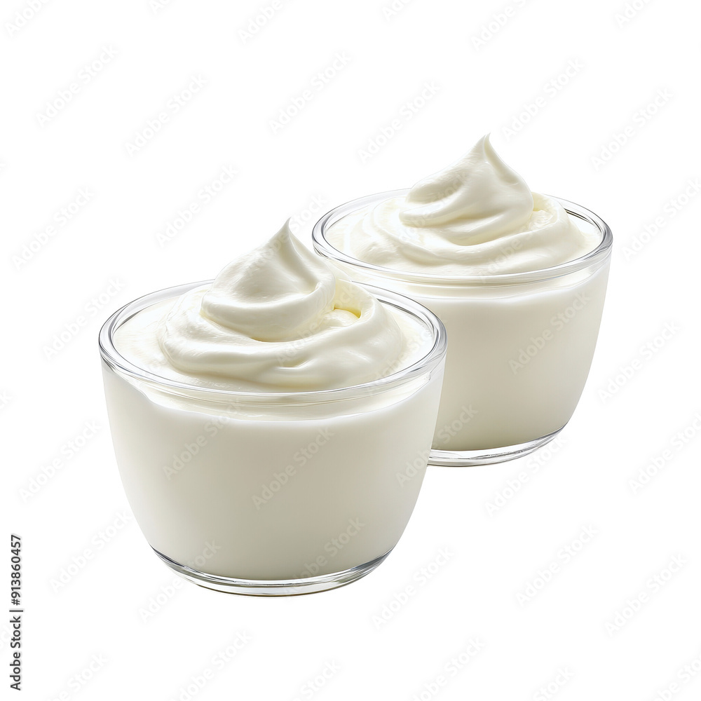 Two elegant glass cups filled with creamy whipped topping, perfect for desserts or coffee garnishes. Two elegant glass cups filled with creamy whipped topping, perfect for desserts or coffee garnishes.
