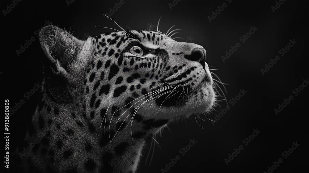 Obraz premium Leopard looking elegant upward shadowy atmosphere silent confidence predator wild minimalist wildlife magazine cover spotted strength