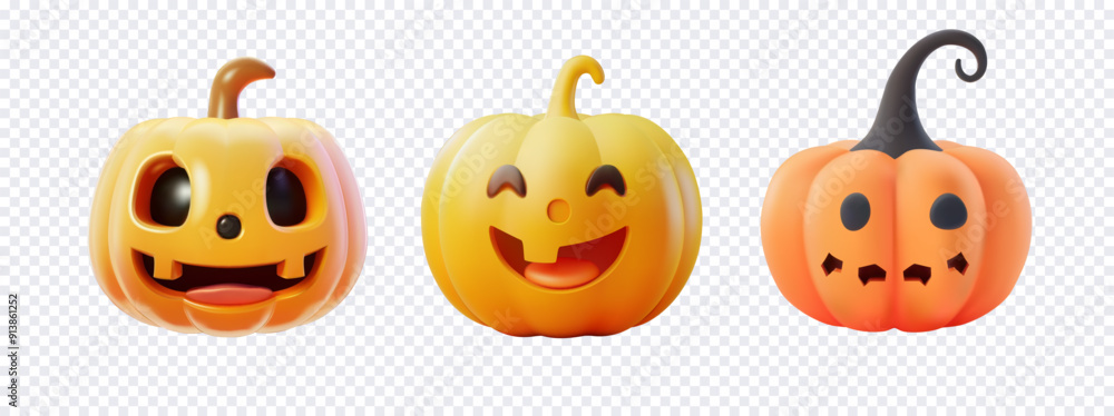 Three 3d cute and smiling Halloween pumpkins with different expressions displayed on a transparent background perfect for Halloween decorations and designs. Vector illustration Three 3d cute and smiling Halloween pumpkins with different expressions displayed on a transparent background perfect for Halloween decorations and designs. Vector illustration
