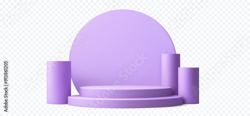 Three white podiums of different sizes on a white background, ideal for product showcases, presentations, and minimalist design projects. 
Purple pedestal with circular backdrop and cylinders,3D.