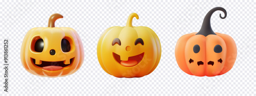 Three 3d cute and smiling Halloween pumpkins with different expressions displayed on a transparent background perfect for Halloween decorations and designs. Vector illustration